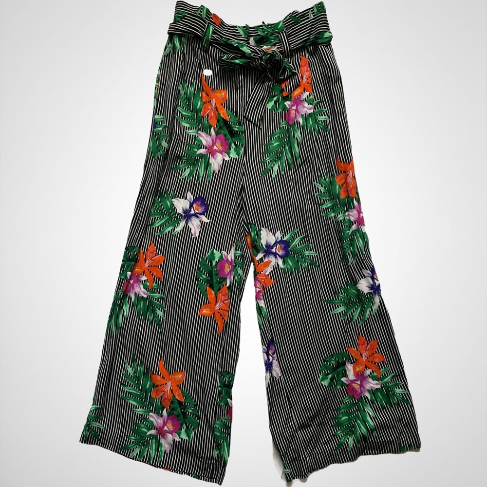 Striped Floral Wide Leg Palazzo Pants